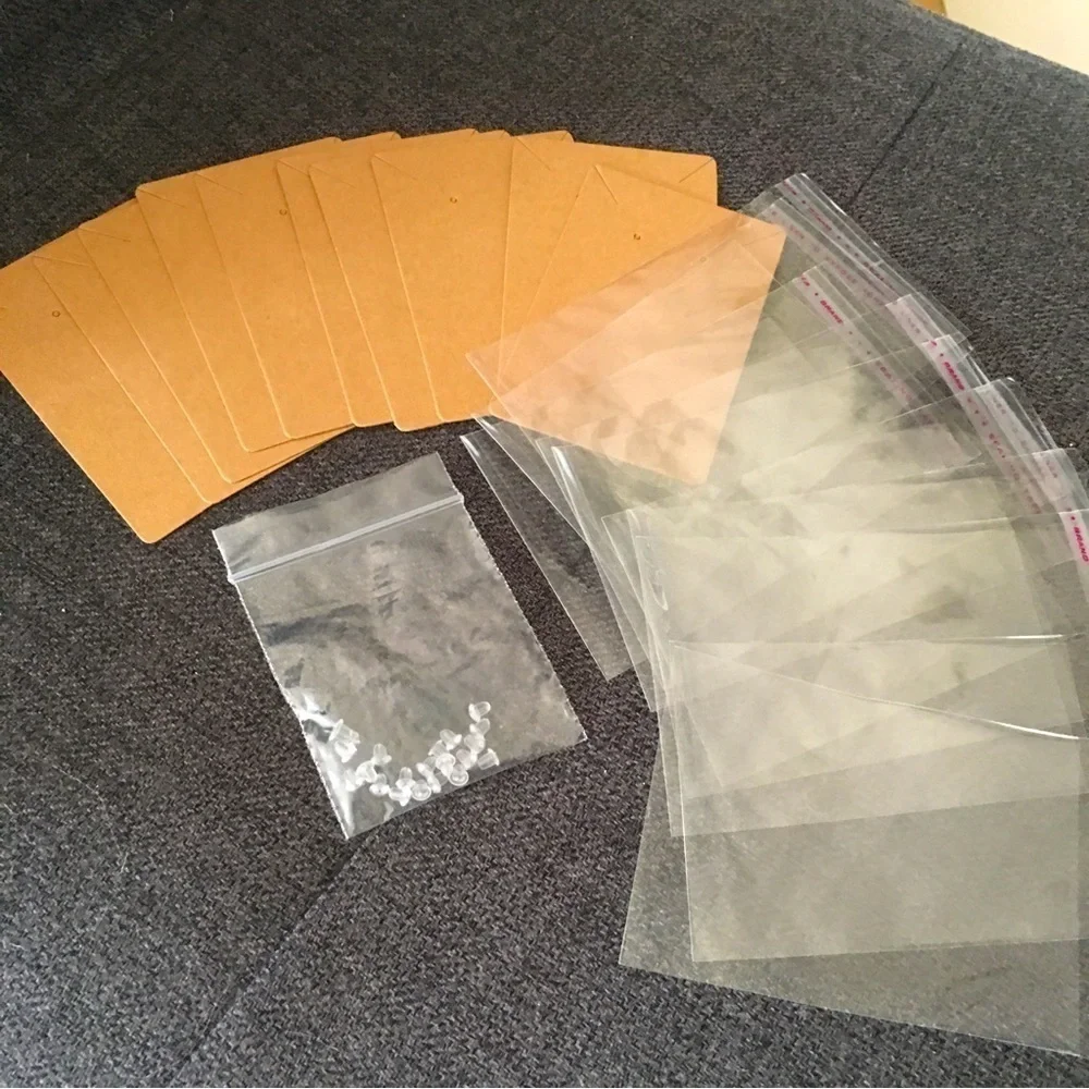 Set/10 Earring, Necklace Cards with Earring Backs, Resealable Clear Bags